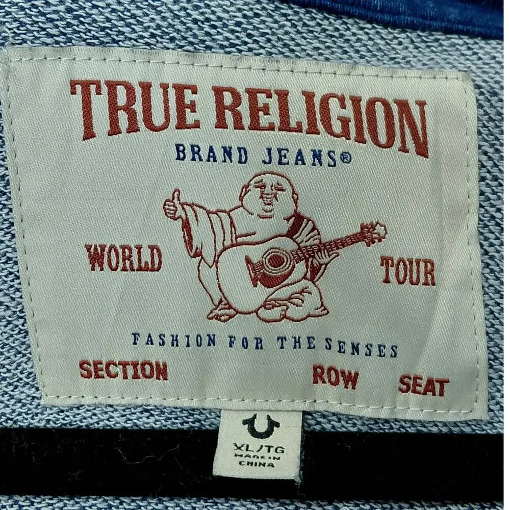 True Religion Blue Knit Full Zip Hoodie Graphic Sweatshirt Men Size XL